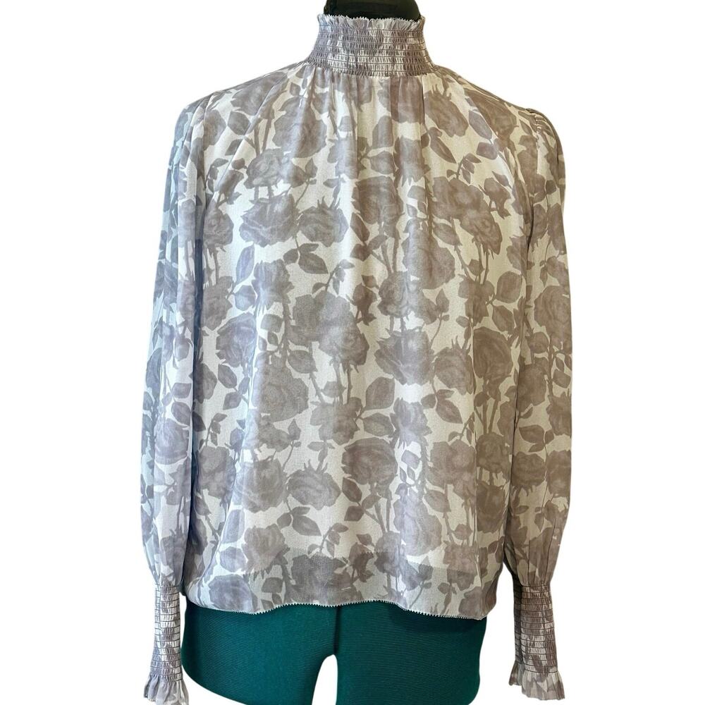 Aritzia Wilfred Valencia Blouse Frozen Gray Floral Sheer Mock Neck XS